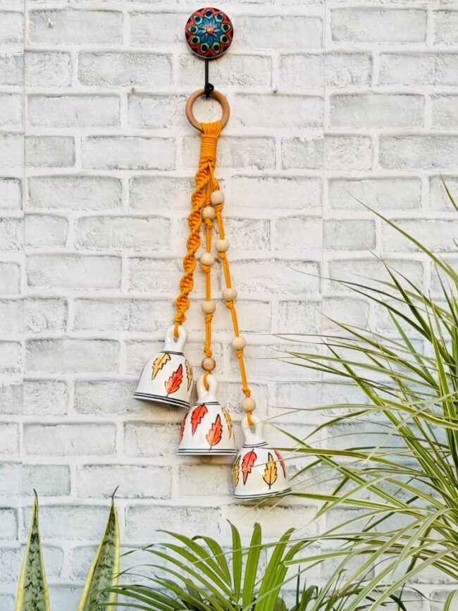 Ceramic Macrame 3 Big Bells Bunch Orange (With Hook) - Image 4