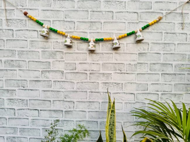Ceramic Bells Festoon (Door Toran Hanging) | Festive Yellow & Green Edition - Colourful Beads & Bells