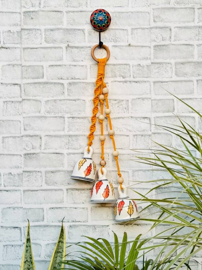 Ceramic Macrame 3 Big Bells Bunch Orange (With Hook)