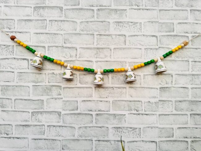 Ceramic Bells Festoon (Door Toran Hanging) | Festive Yellow & Green Edition - Colourful Beads & Bells - Image 3