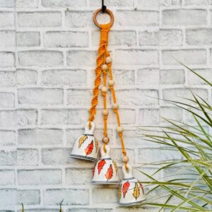 Ceramic Macrame 3 Big Bells Bunch Orange (With Hook)