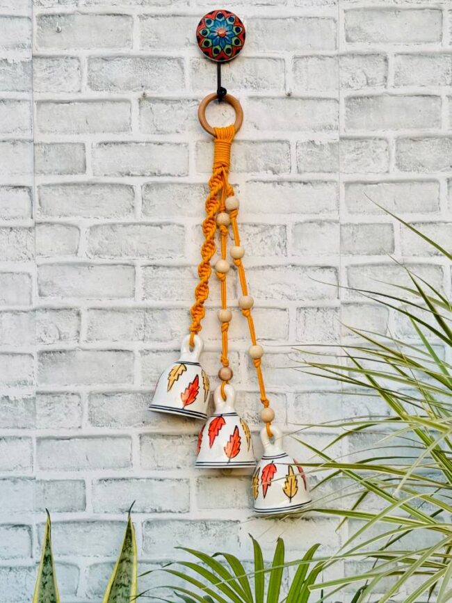 Ceramic Macrame 3 Big Bells Bunch Orange (With Hook) - Image 2