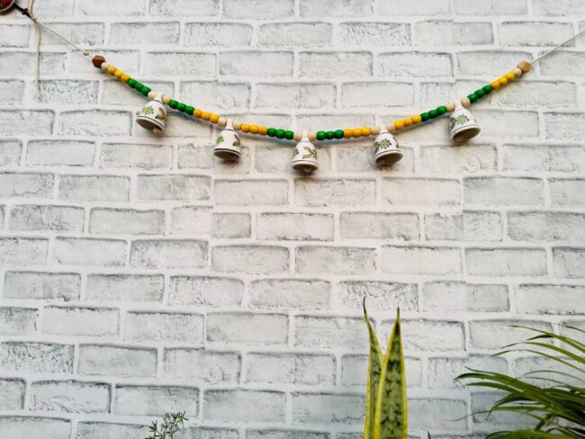Ceramic Bells Festoon (Door Toran Hanging) | Festive Yellow & Green Edition - Colourful Beads & Bells - Image 4