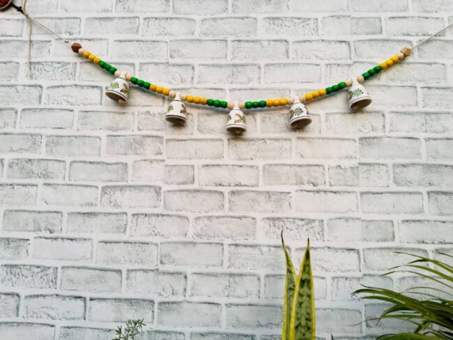 Ceramic Bells Festoon (Door Toran Hanging) | Festive Yellow & Green Edition - Colourful Beads & Bells - Image 5