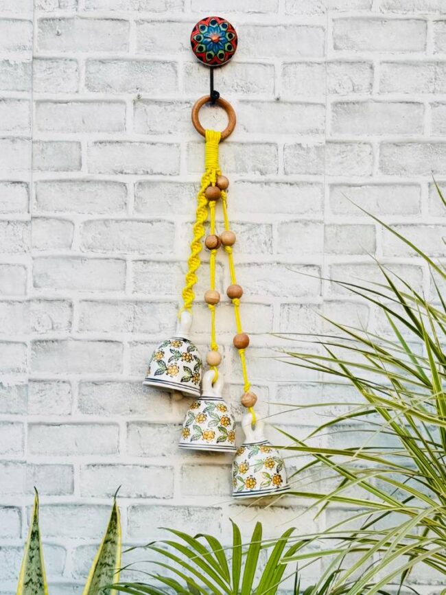 Ceramic Macrame 3 Big Bells Bunch Yellow (With Hook)
