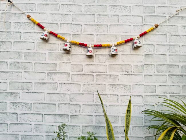 Ceramic Bells Festoon (Door Toran Hanging) | Festive Yellow & Red Edition - Colourful Beads & Bells