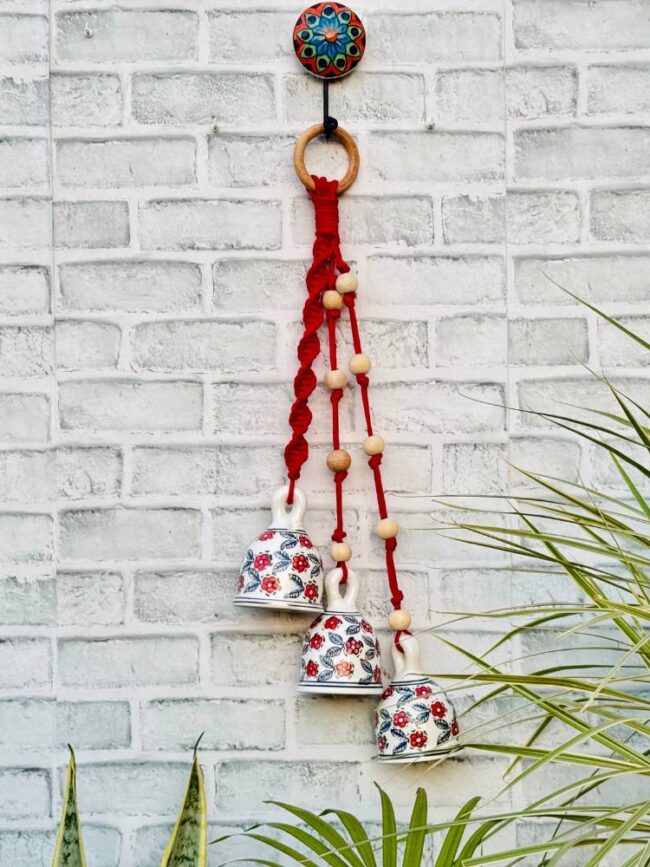 Ceramic Macrame 3 Big Bells Bunch Red (With Hook) - Image 3