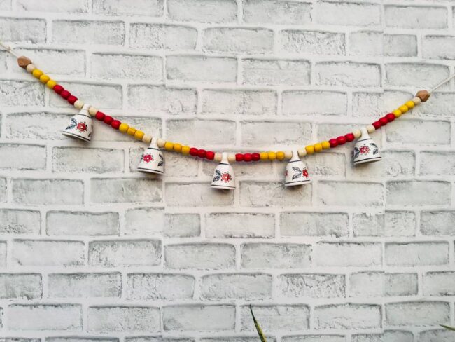 Ceramic Bells Festoon (Door Toran Hanging) | Festive Yellow & Red Edition - Colourful Beads & Bells - Image 2