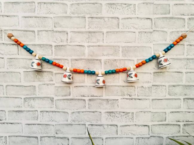 Ceramic Bells Festoon (Door Toran Hanging) | Festive Orange & Blue Edition - Colourful Beads & Bells