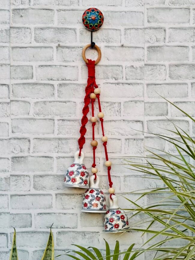 Ceramic Macrame 3 Big Bells Bunch Red (With Hook)