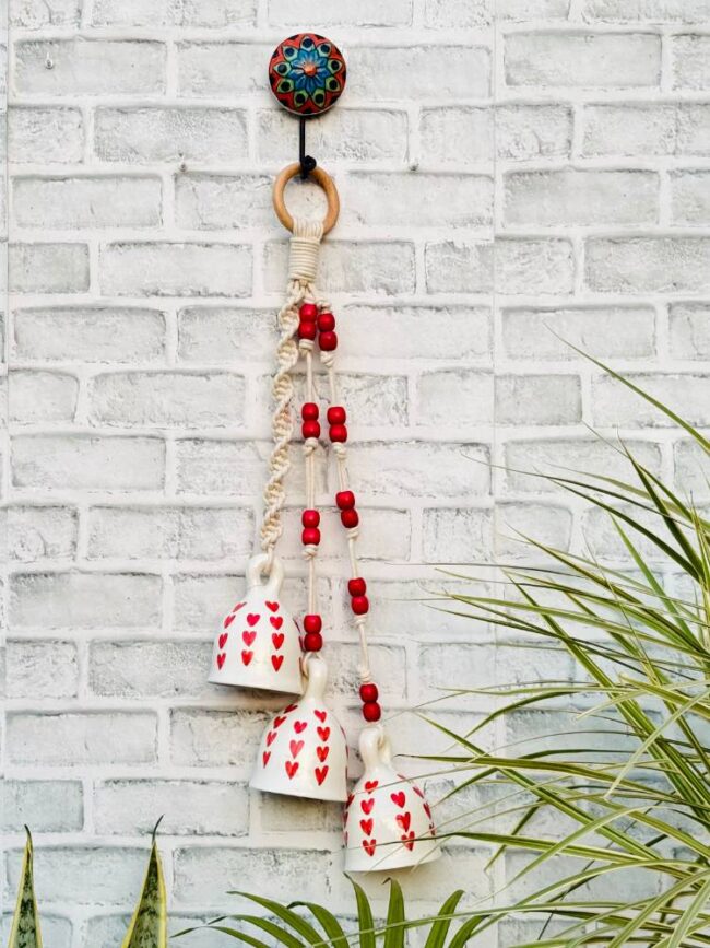 Ceramic Macrame 3 Big Bells Bunch White & Red (With Hook) - Image 4