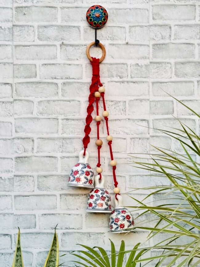 Ceramic Macrame 3 Big Bells Bunch Red (With Hook) - Image 2
