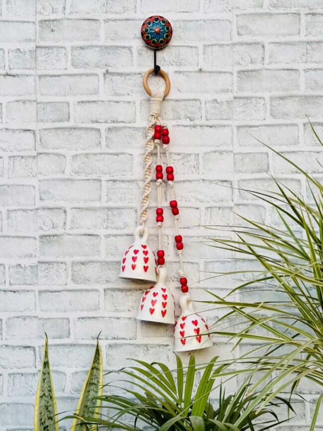 Ceramic Macrame 3 Big Bells Bunch White & Red (With Hook) - Image 3