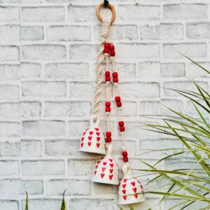 Ceramic Macrame 3 Big Bells Bunch White & Red (With Hook)