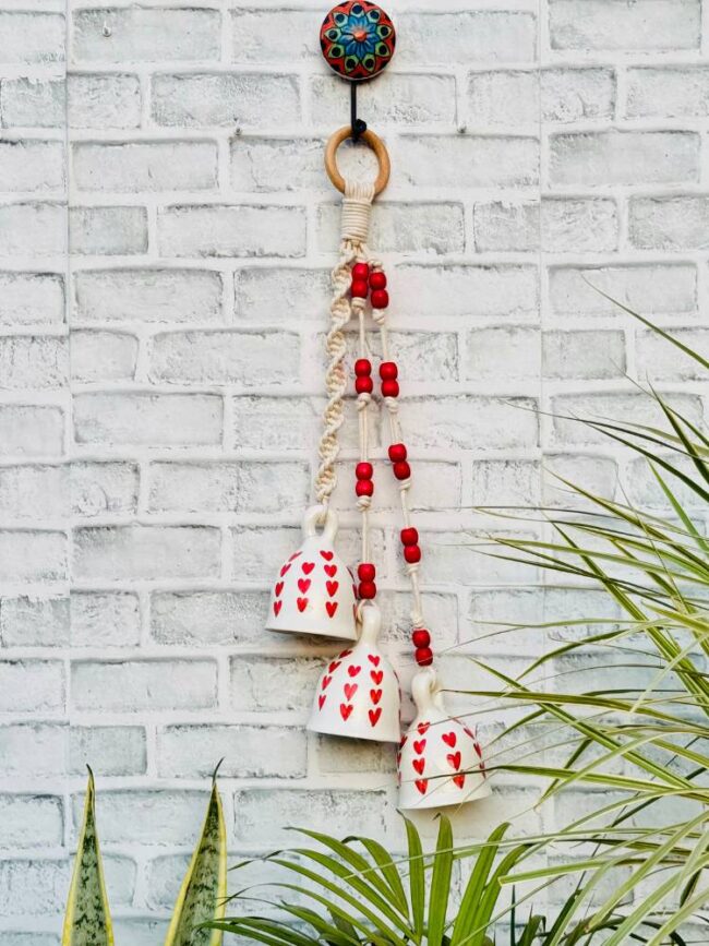 Ceramic Macrame 3 Big Bells Bunch White & Red (With Hook)
