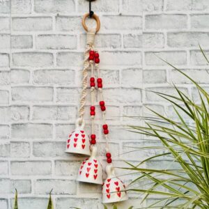 Ceramic Macrame 3 Big Bells Bunch White & Red (With Hook)