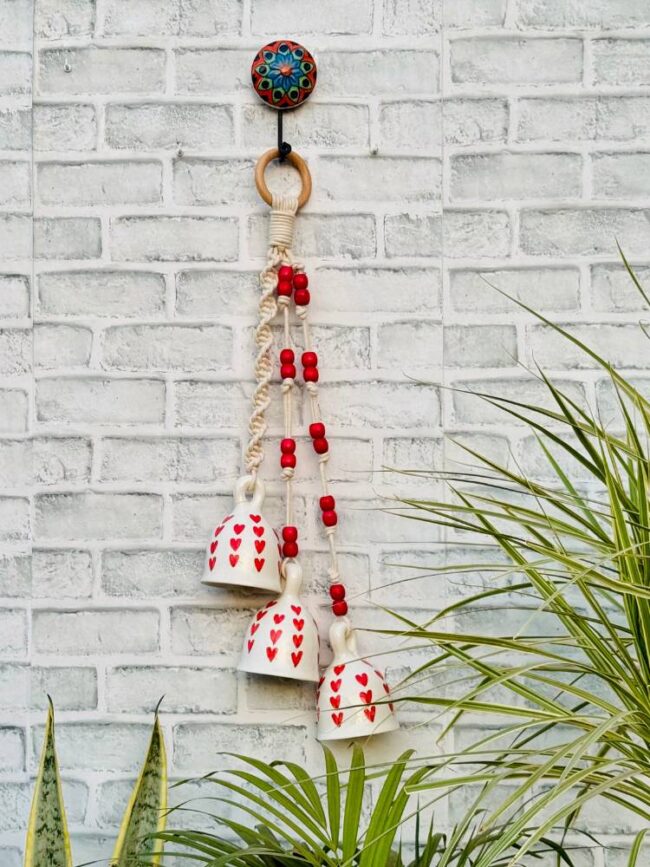 Ceramic Macrame 3 Big Bells Bunch White & Red (With Hook) - Image 2