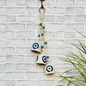 Ceramic Macrame 3 Big Bells Bunch White & Blue (With Hook)
