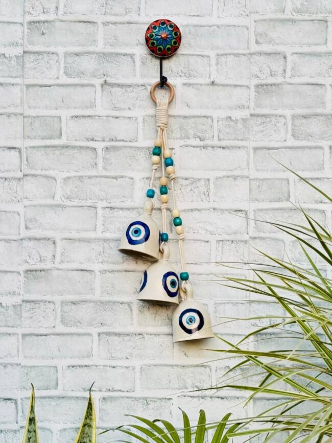 Ceramic Macrame 3 Big Bells Bunch White & Blue (With Hook) - Image 2