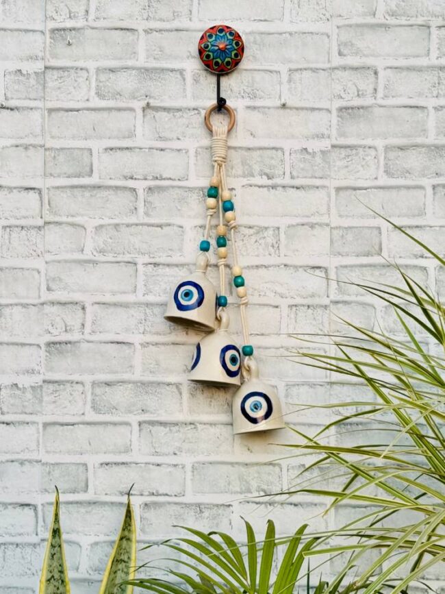 Ceramic Macrame 3 Big Bells Bunch White & Blue (With Hook) - Image 4