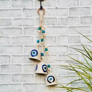 Ceramic Macrame 3 Big Bells Bunch White & Blue (With Hook)