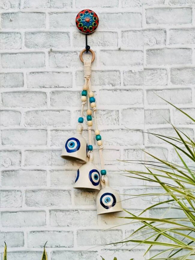 Ceramic Macrame 3 Big Bells Bunch White & Blue (With Hook)