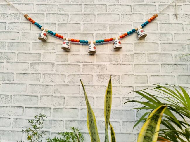 Ceramic Bells Festoon (Door Toran Hanging) | Festive Orange & Blue Edition - Colourful Beads & Bells - Image 4