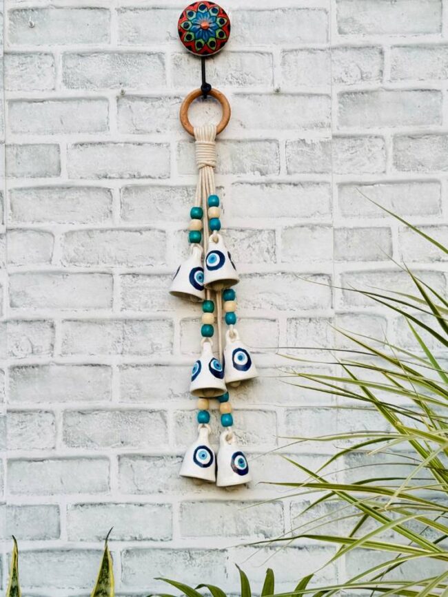 Ceramic Macrame Evil Eye Small Bells Bunch Of 6 (With Hook)