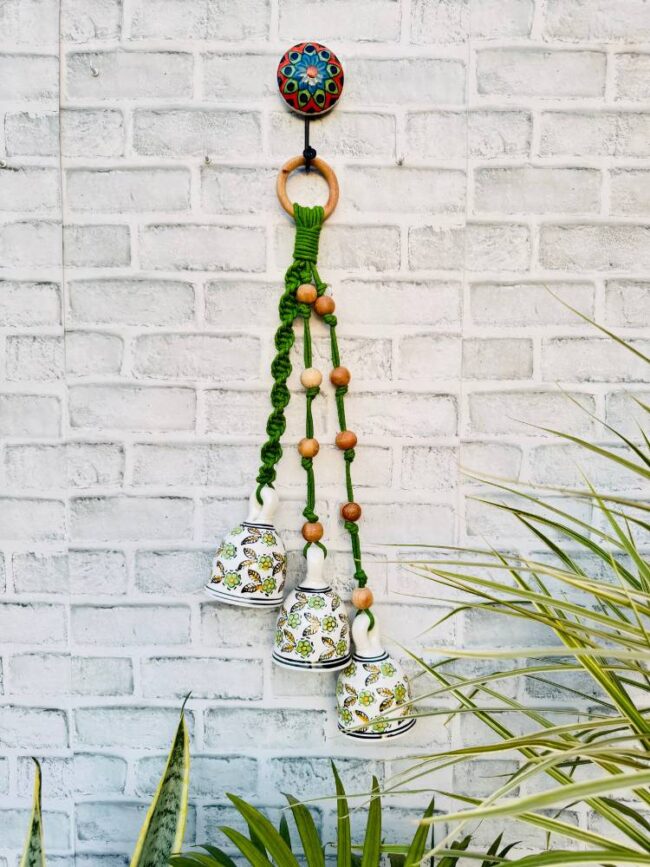 Ceramic Macrame 3 Big Bells Bunch Green (With Hook)