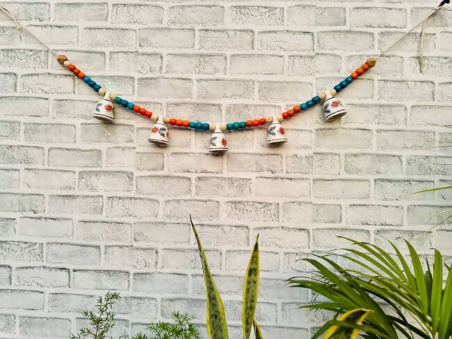 Ceramic Bells Festoon (Door Toran Hanging) | Festive Orange & Blue Edition - Colourful Beads & Bells - Image 3