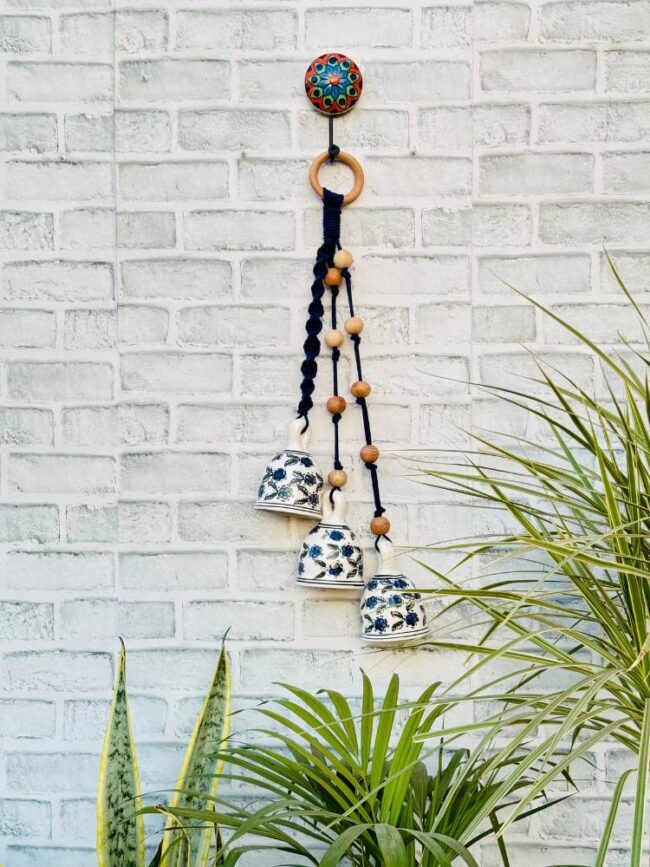 Ceramic Macrame 3 Big Bells Bunch Blue (With Hook)