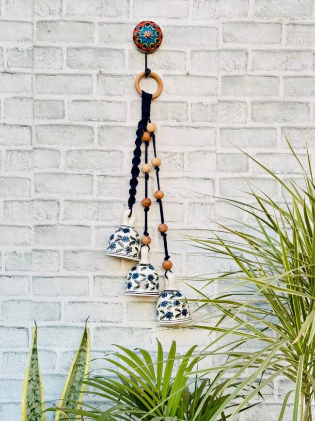 Ceramic Macrame 3 Big Bells Bunch Blue (With Hook) - Image 3