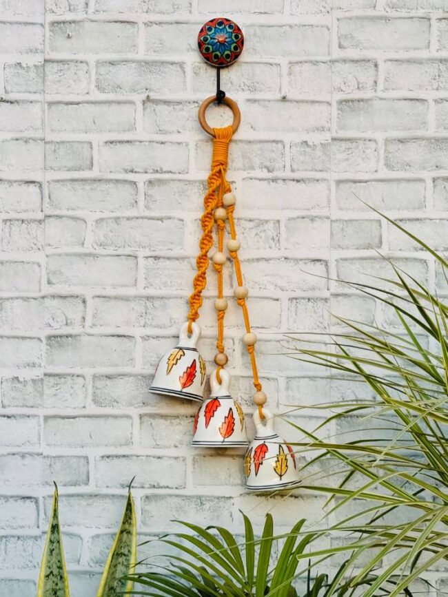 Ceramic Macrame 3 Big Bells Bunch Orange (With Hook) - Image 3