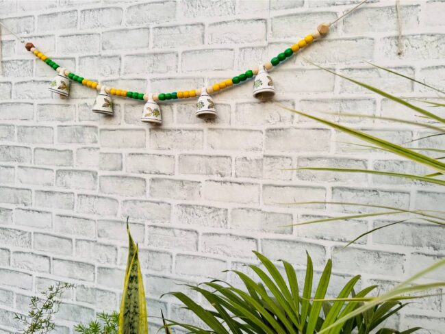 Ceramic Bells Festoon (Door Toran Hanging) | Festive Yellow & Green Edition - Colourful Beads & Bells - Image 2