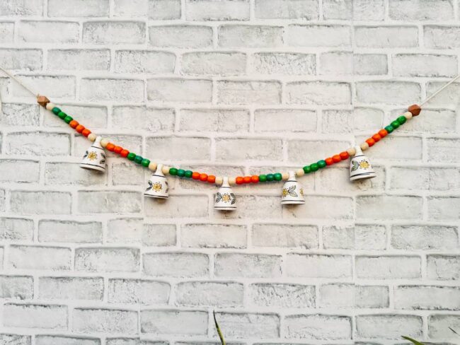 Ceramic Bells Festoon (Door Toran Hanging) | Festive Orange & Green Edition - Colourful Beads & Bells - Image 2