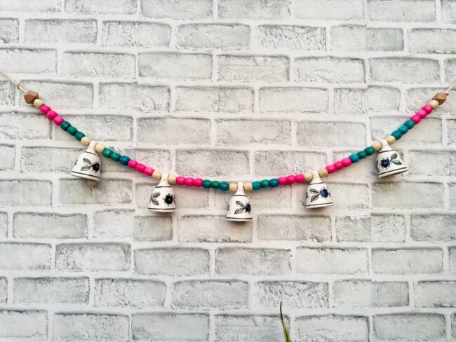 Ceramic Bells Festoon (Door Toran Hanging) | Festive Pink & Blue Edition - Colourful Beads & Bells