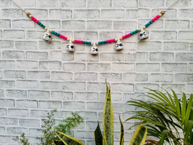 Ceramic Bells Festoon (Door Toran Hanging) | Festive Pink & Blue Edition - Colourful Beads & Bells - Image 2