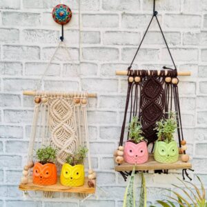 Mocha & Ivory Boho Macrame Hanging Shelves (With Hook)