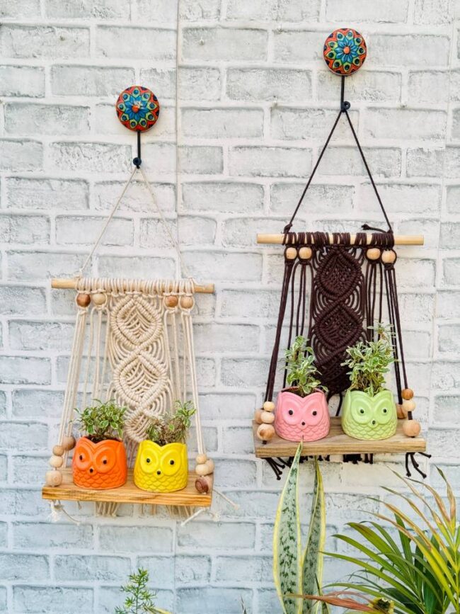 Mocha & Ivory Boho Macrame Hanging Shelves (With Hook)