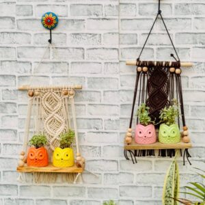 Mocha & Ivory Boho Macrame Hanging Shelves (With Hook)