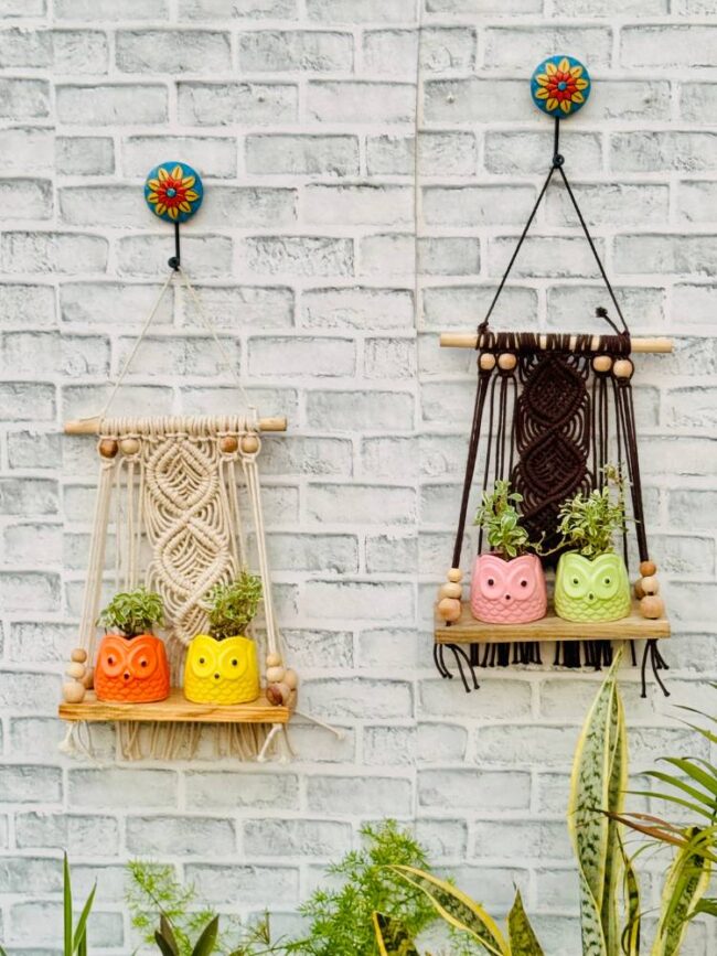 Mocha & Ivory Boho Macrame Hanging Shelves (With Hook) - Image 2