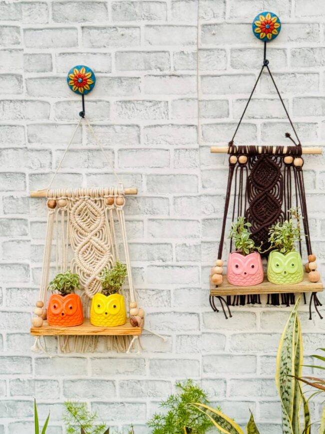 Mocha & Ivory Boho Macrame Hanging Shelves (With Hook) - Image 4