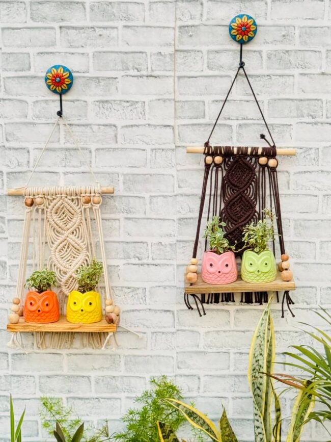 Mocha & Ivory Boho Macrame Hanging Shelves (With Hook) - Image 3