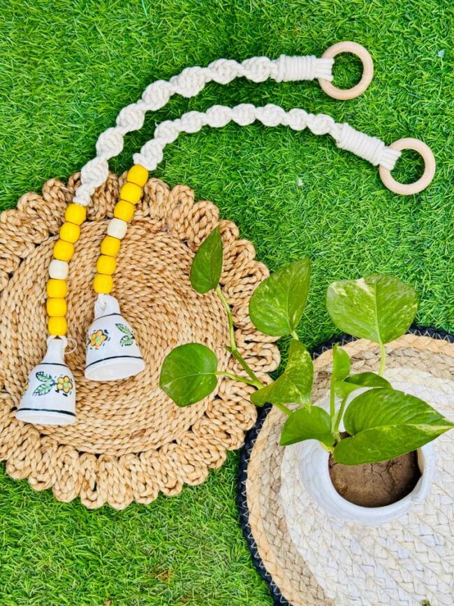 Handcrafted Temple Macrame Chimes/Bells Yellow - Image 3